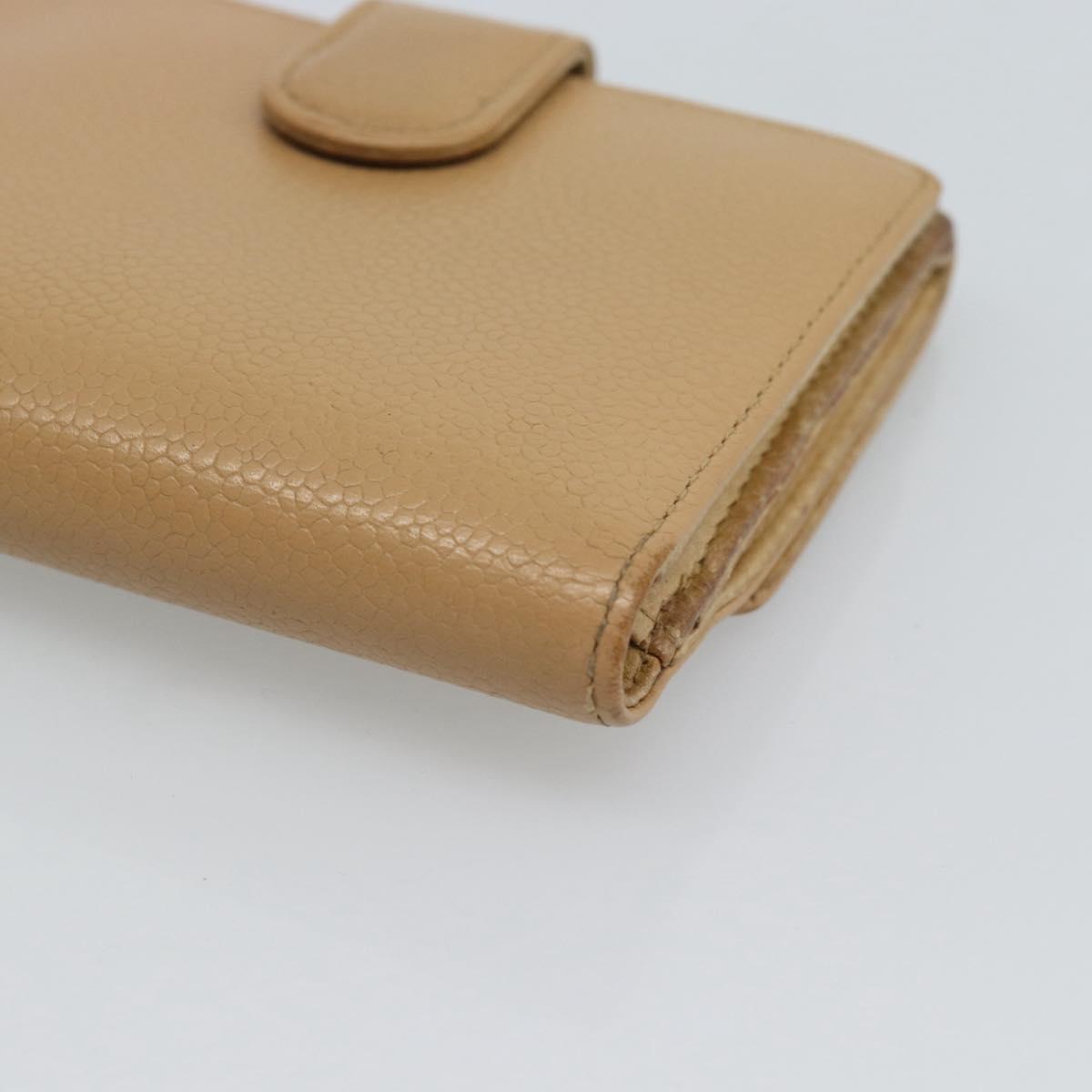 CHANEL Bifold Wallet Caviar Skin Beige Gold CC Auth 187885