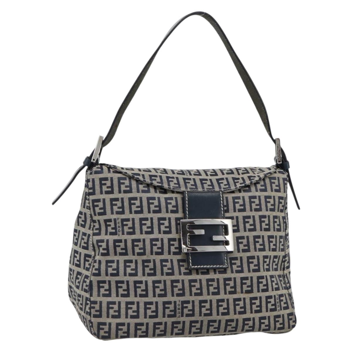 FENDI Mamma Baguette Zucchino Canvas Shoulder Bag Navy Silver Auth 187922V