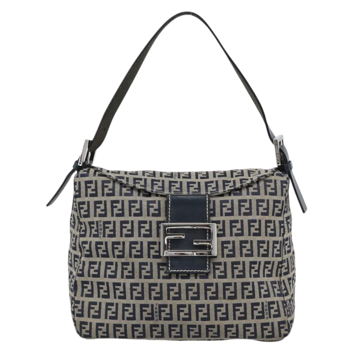 FENDI Mamma Baguette Zucchino Canvas Shoulder Bag Navy Silver Auth 187922V