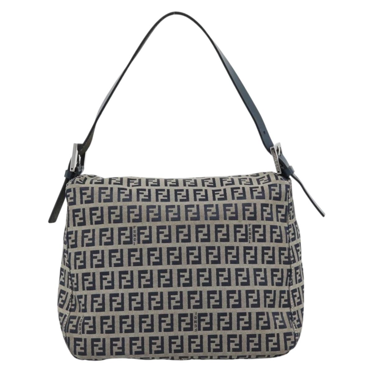 FENDI Mamma Baguette Zucchino Canvas Shoulder Bag Navy Silver Auth 187922V