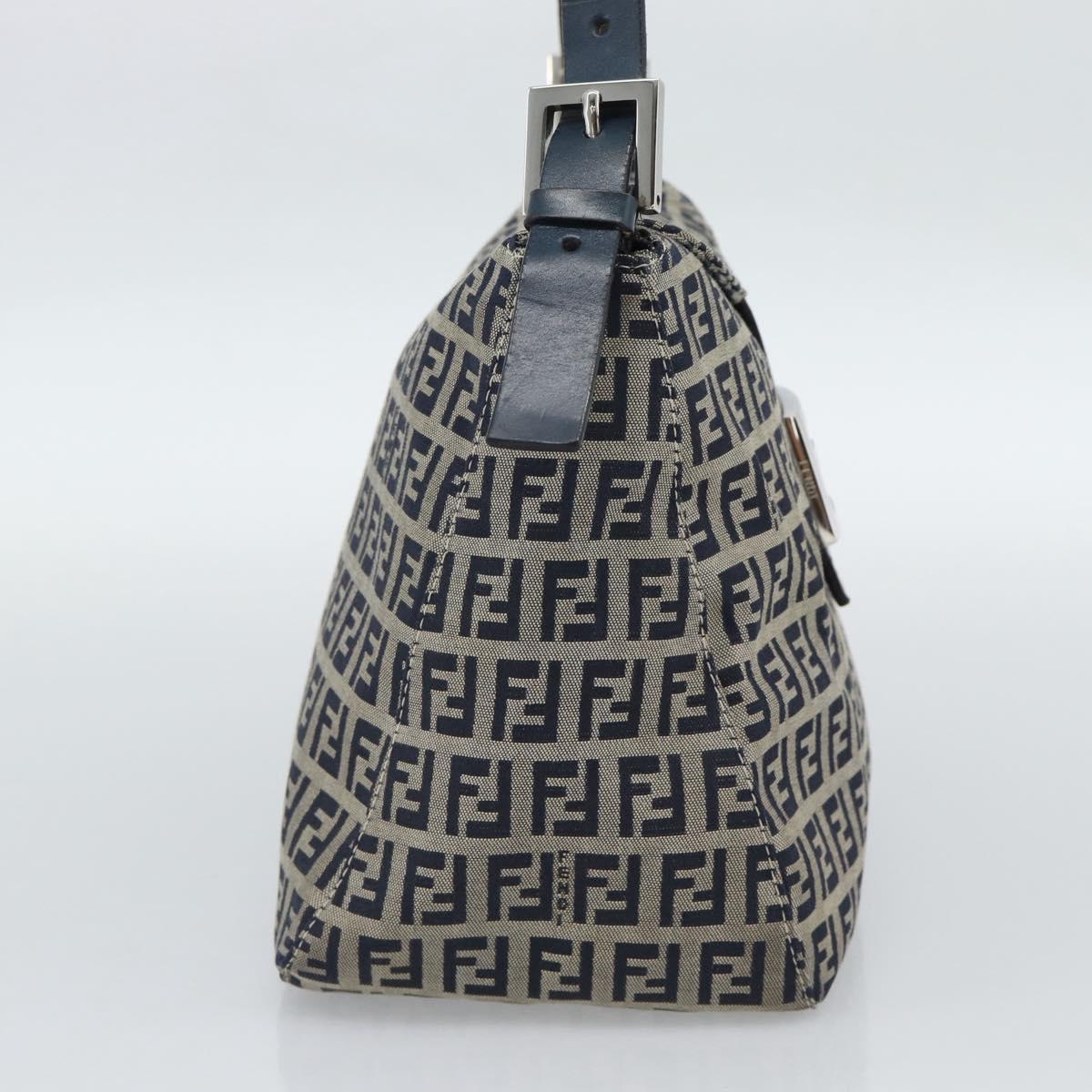 FENDI Mamma Baguette Zucchino Canvas Shoulder Bag Navy Silver Auth 187922V
