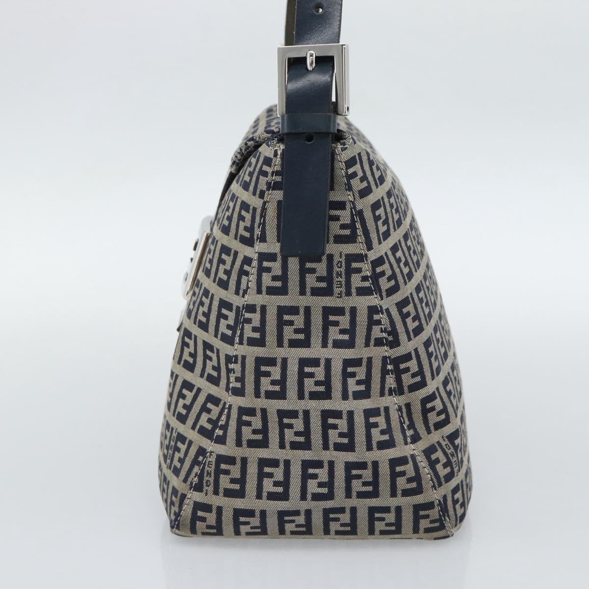 FENDI Mamma Baguette Zucchino Canvas Shoulder Bag Navy Silver Auth 187922V