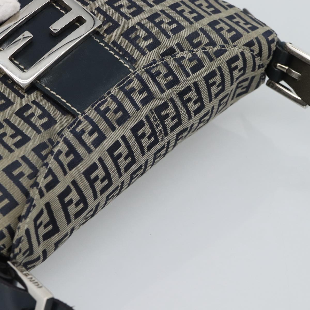 FENDI Mamma Baguette Zucchino Canvas Shoulder Bag Navy Silver Auth 187922V