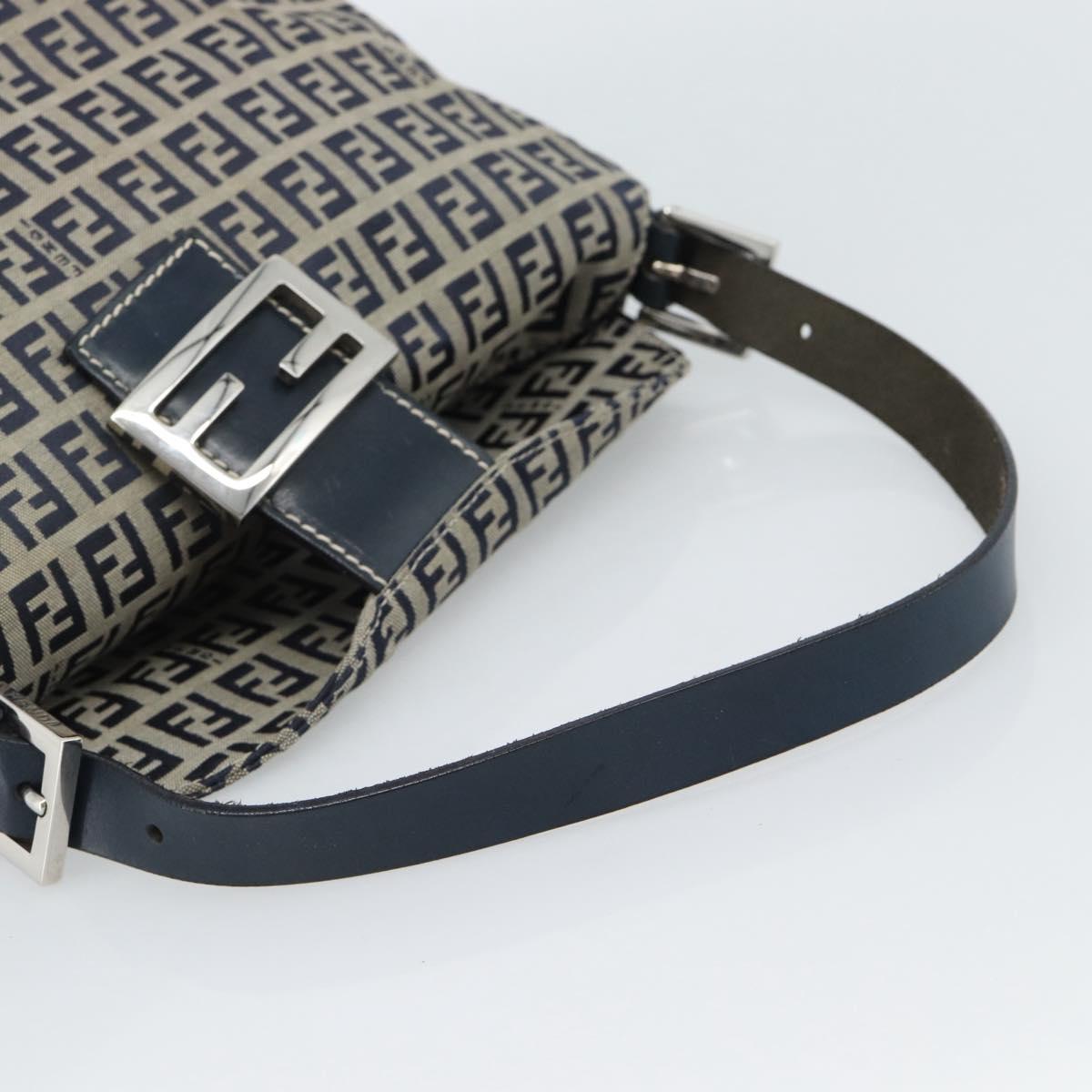 FENDI Mamma Baguette Zucchino Canvas Shoulder Bag Navy Silver Auth 187922V