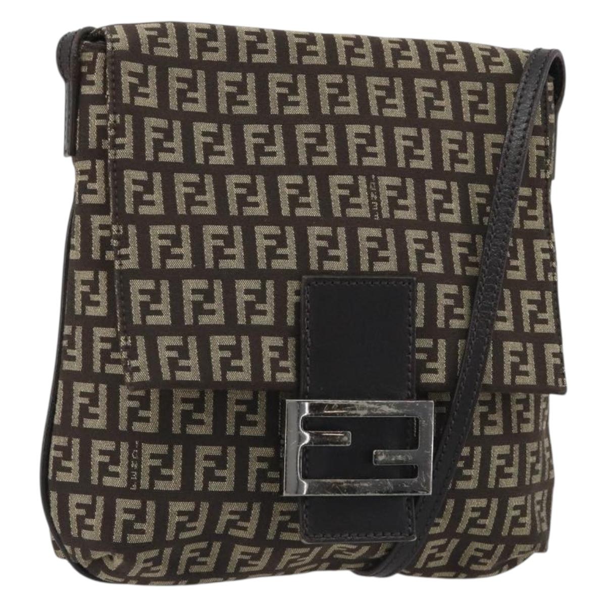 FENDI Mamma Baguette Zucchino Canvas Shoulder Bag Brown Silver Auth 187923A