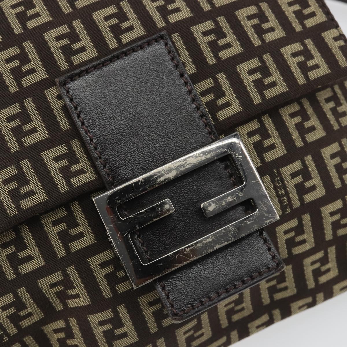 FENDI Mamma Baguette Zucchino Canvas Shoulder Bag Brown Silver Auth 187923A