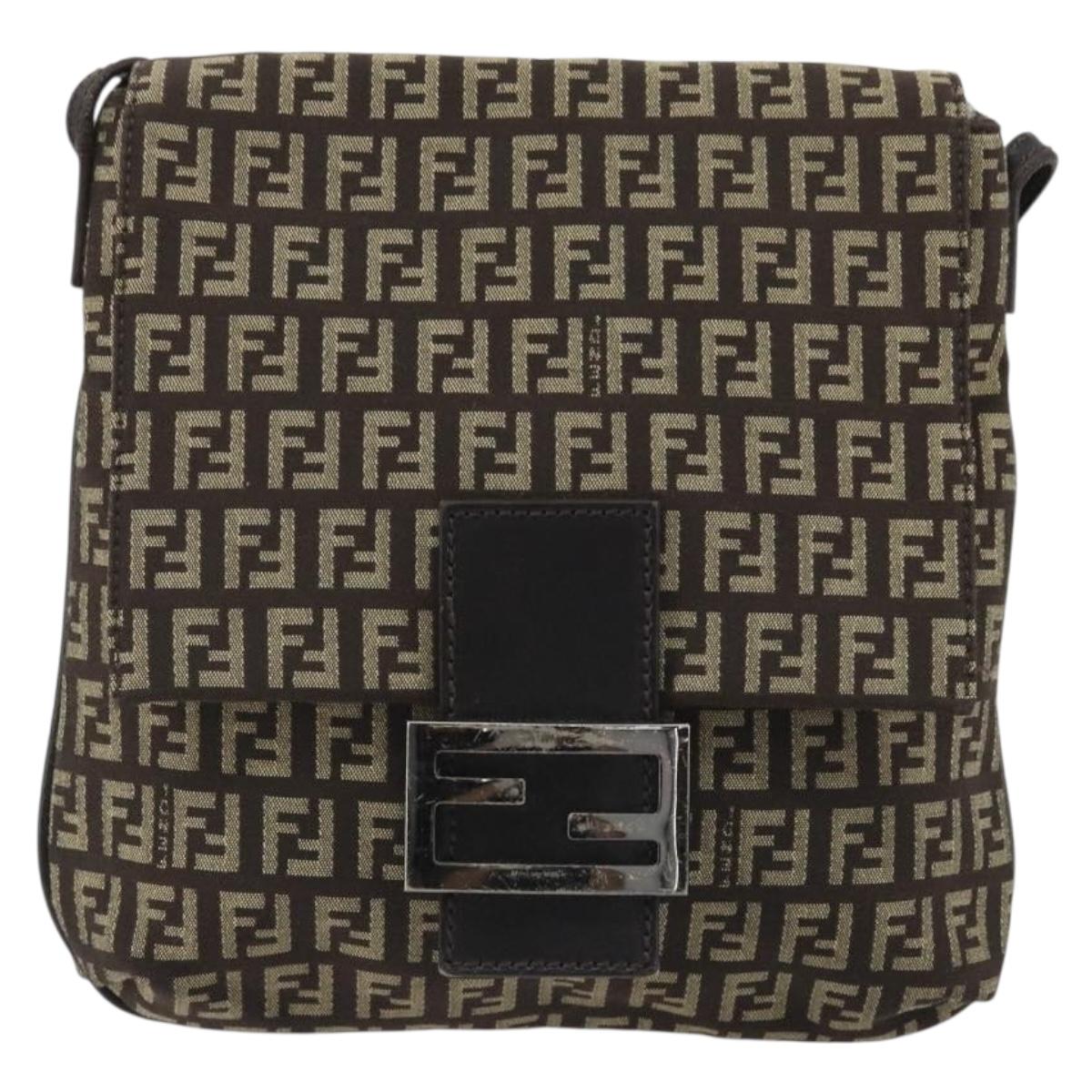 FENDI Mamma Baguette Zucchino Canvas Shoulder Bag Brown Silver Auth 187923A