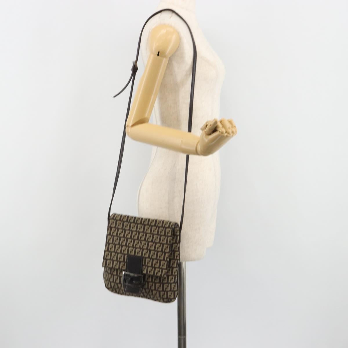 FENDI Mamma Baguette Zucchino Canvas Shoulder Bag Brown Silver Auth 187923A