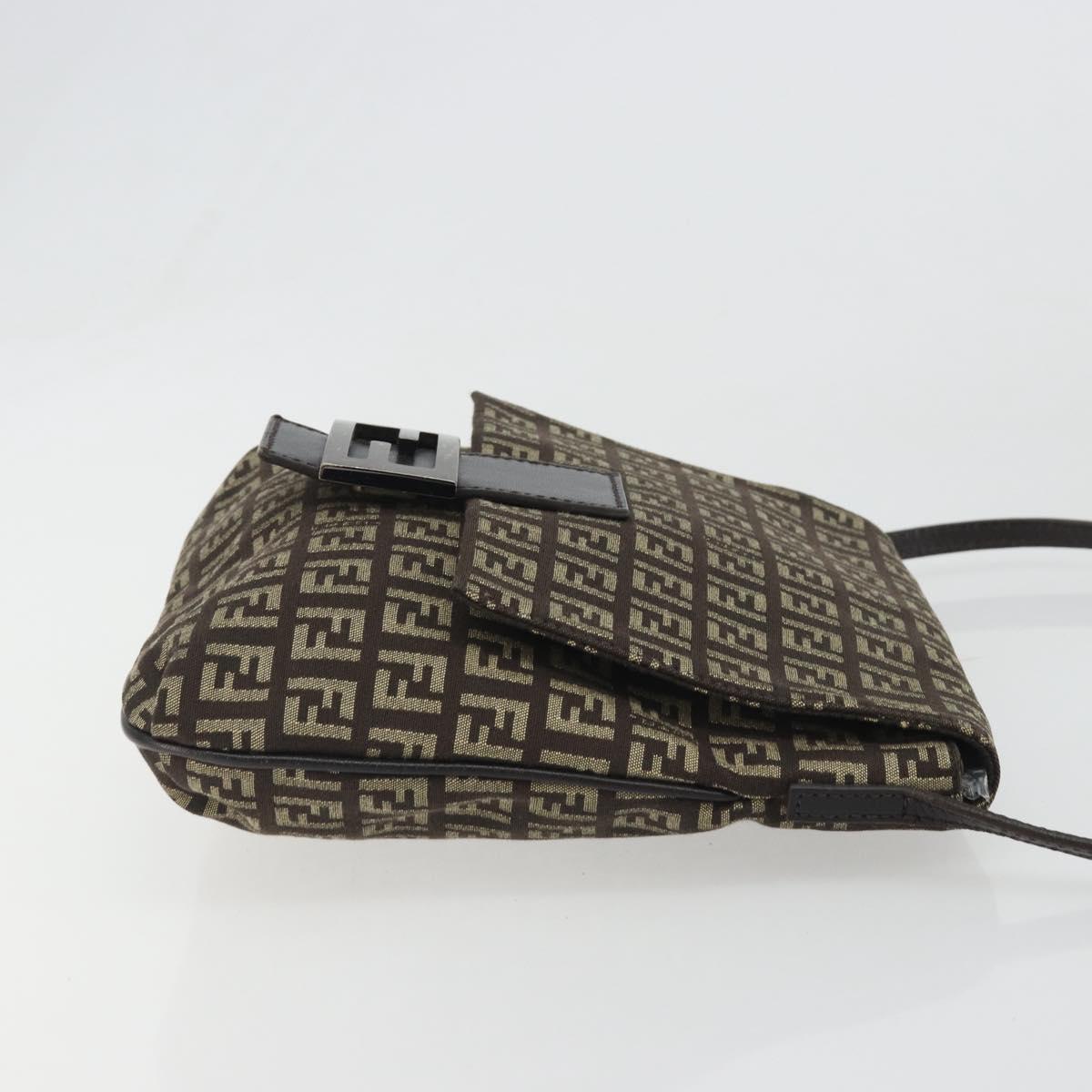 FENDI Mamma Baguette Zucchino Canvas Shoulder Bag Brown Silver Auth 187923A