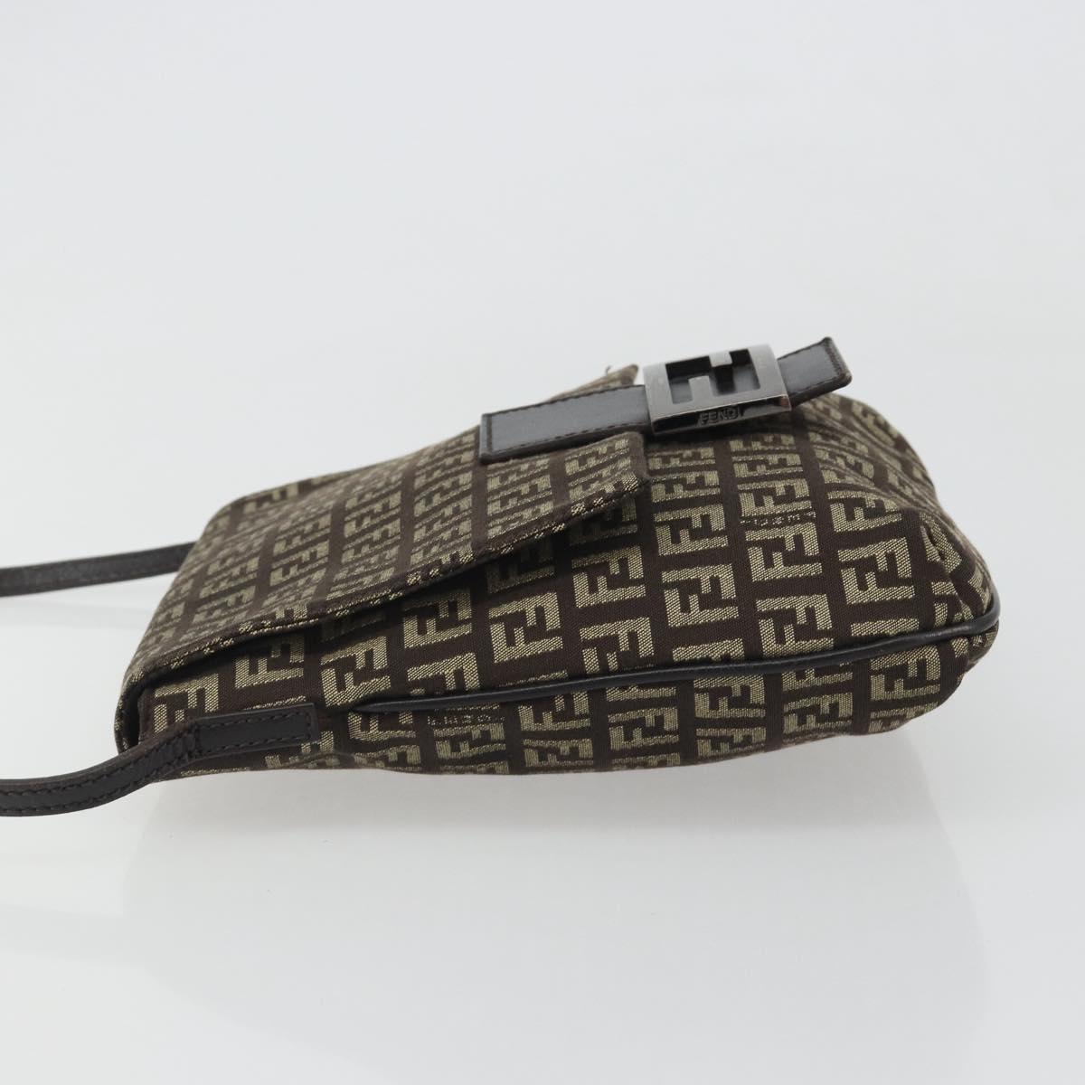 FENDI Mamma Baguette Zucchino Canvas Shoulder Bag Brown Silver Auth 187923A