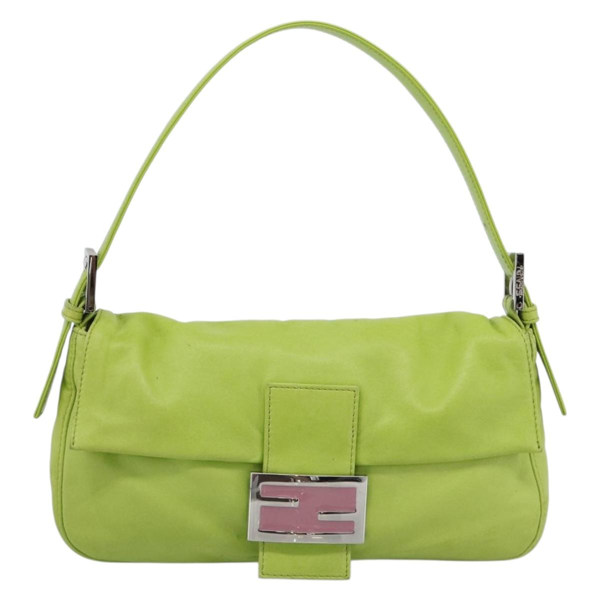 FENDI Mamma Baguette Shoulder Bag Leather Green Silver Auth 187930SAV