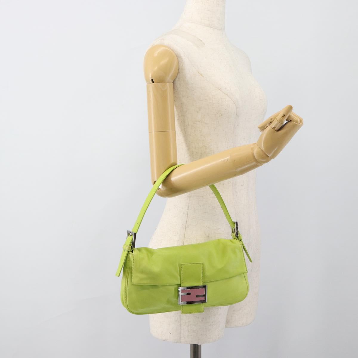 FENDI Mamma Baguette Shoulder Bag Leather Green Silver Auth 187930SAV