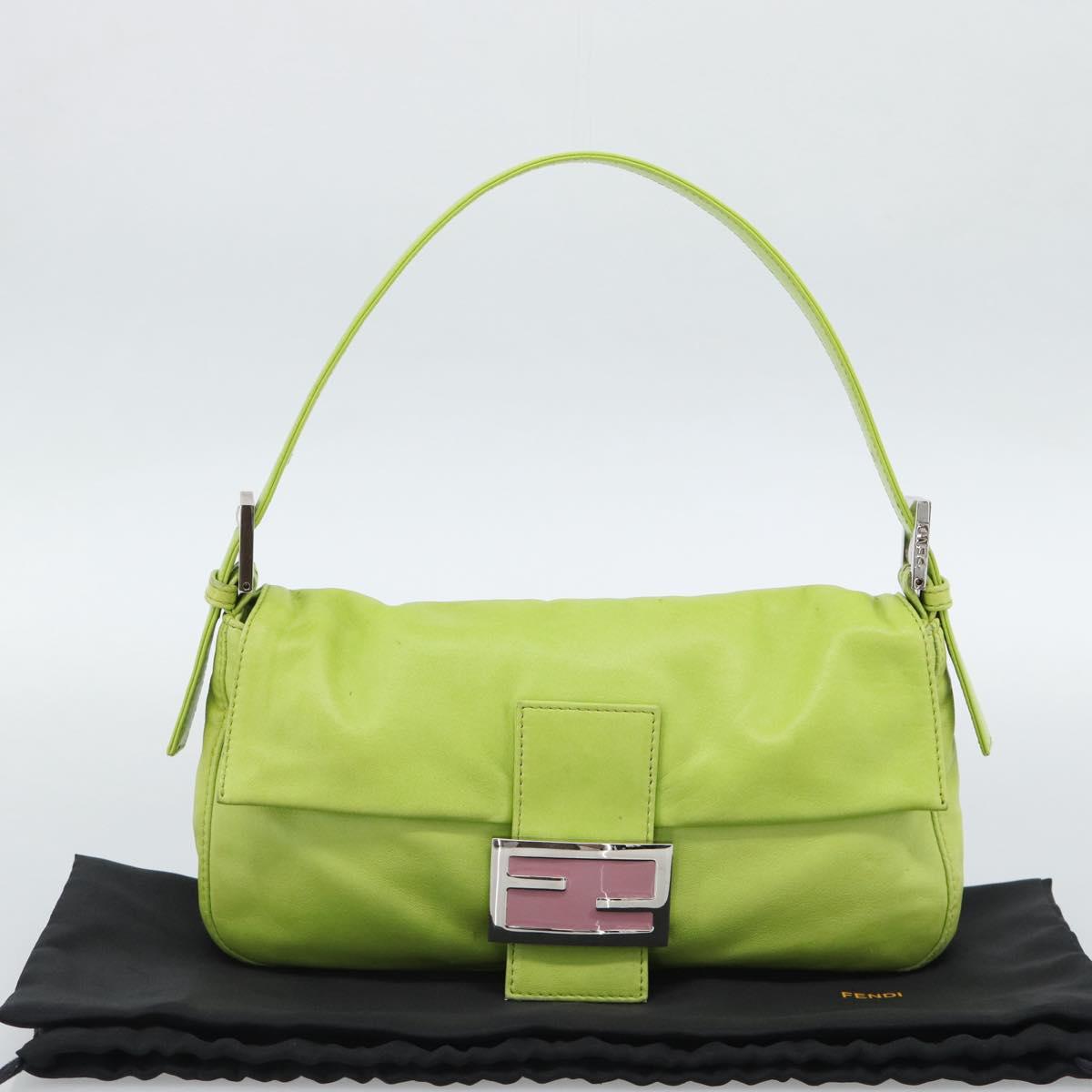 FENDI Mamma Baguette Shoulder Bag Leather Green Silver Auth 187930SAV