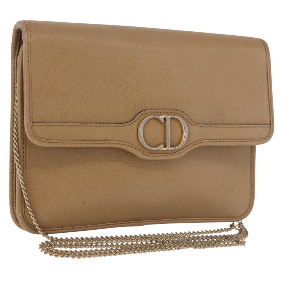 Christian Dior Chain Shoulder Bag Leather Beige Gold Auth 187941