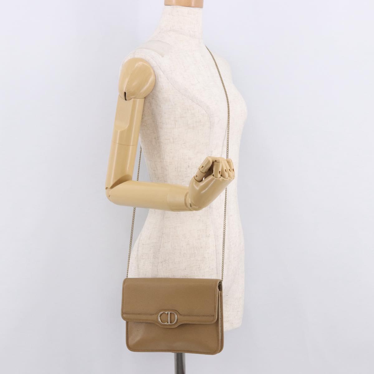 Christian Dior Chain Shoulder Bag Leather Beige Gold Auth 187941
