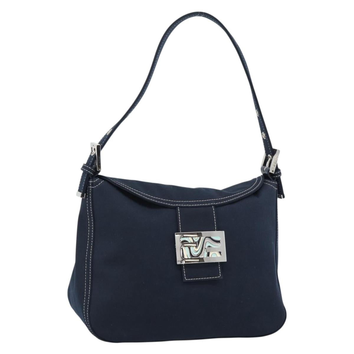 FENDI Mamma Baguette Shoulder Bag Canvas Navy Silver Auth 187955V