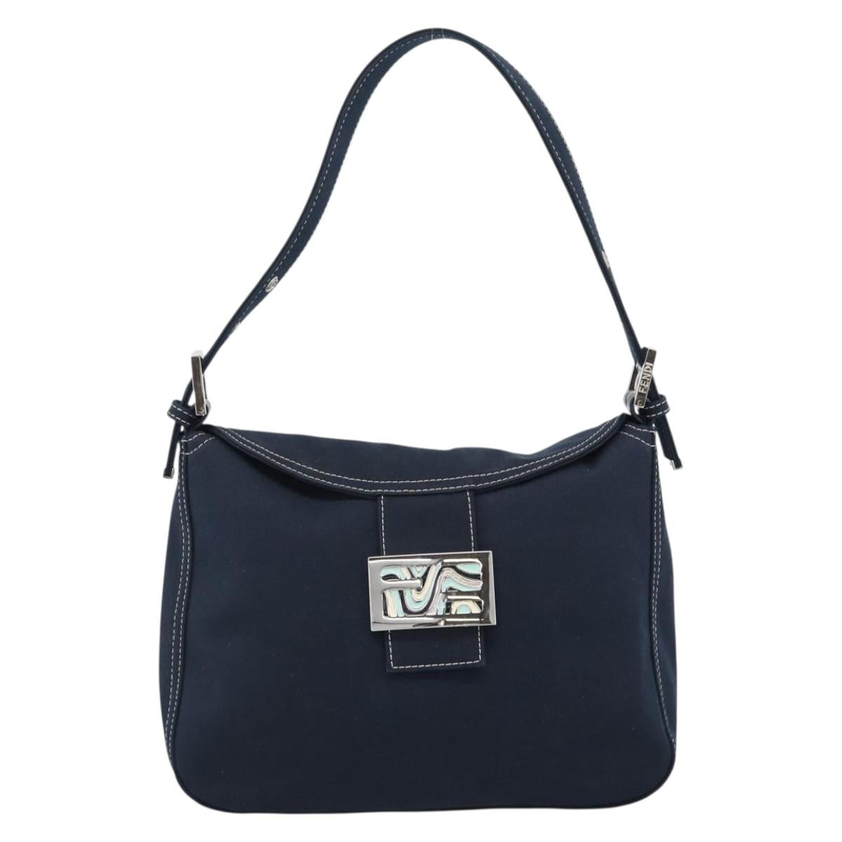 FENDI Mamma Baguette Shoulder Bag Canvas Navy Silver Auth 187955V