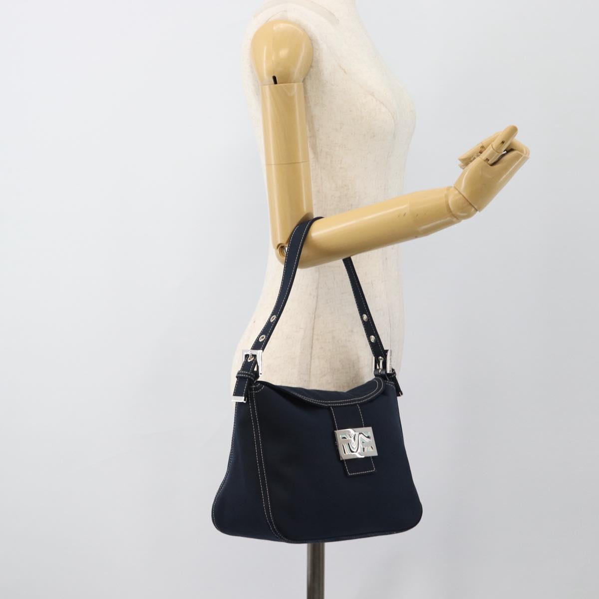 FENDI Mamma Baguette Shoulder Bag Canvas Navy Silver Auth 187955V