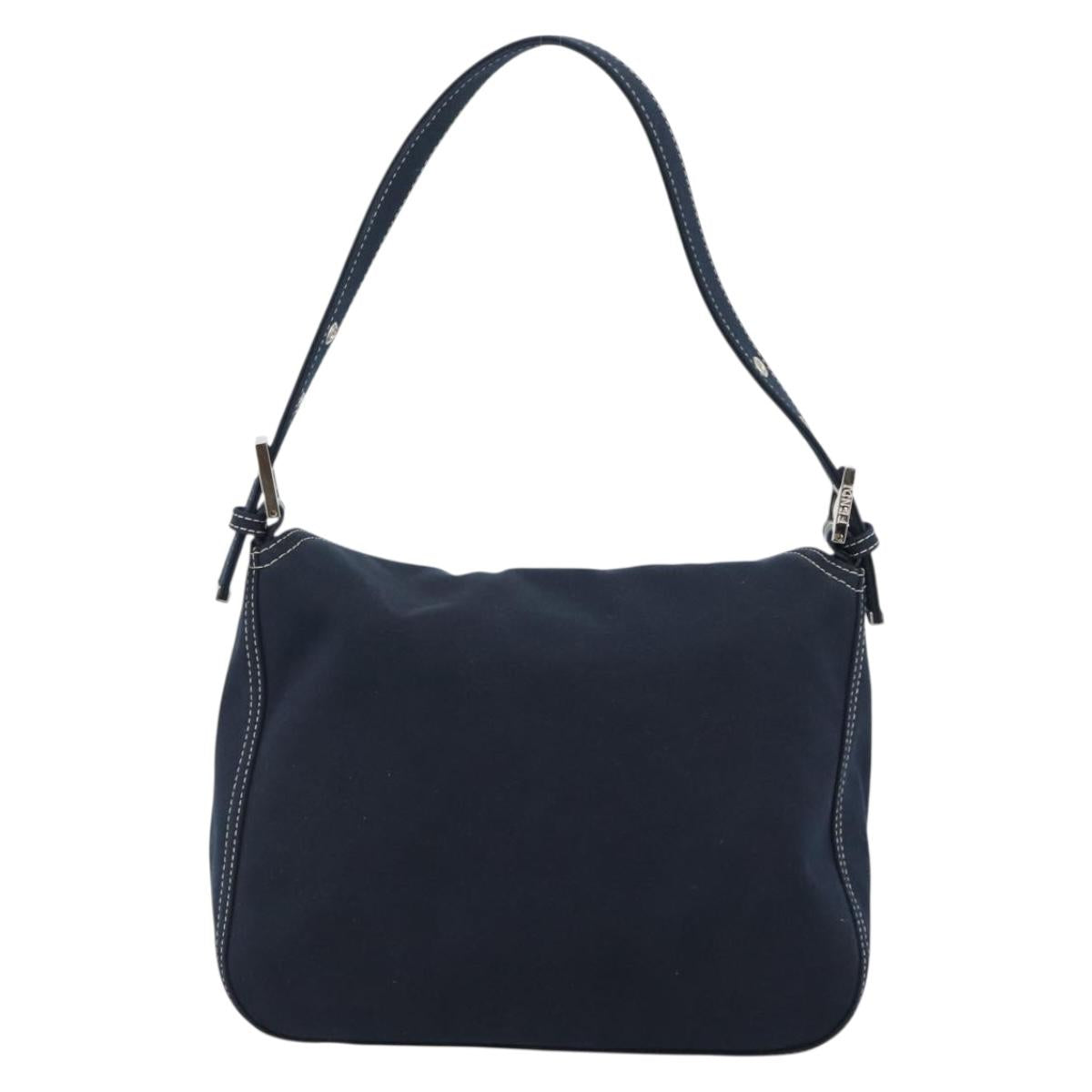 FENDI Mamma Baguette Shoulder Bag Canvas Navy Silver Auth 187955V