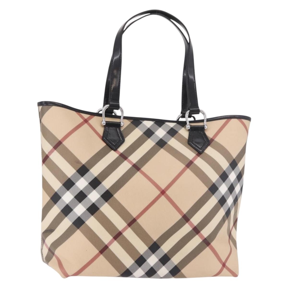 BURBERRY Nova Check Tote Bag PVC Beige Silver Auth 187957