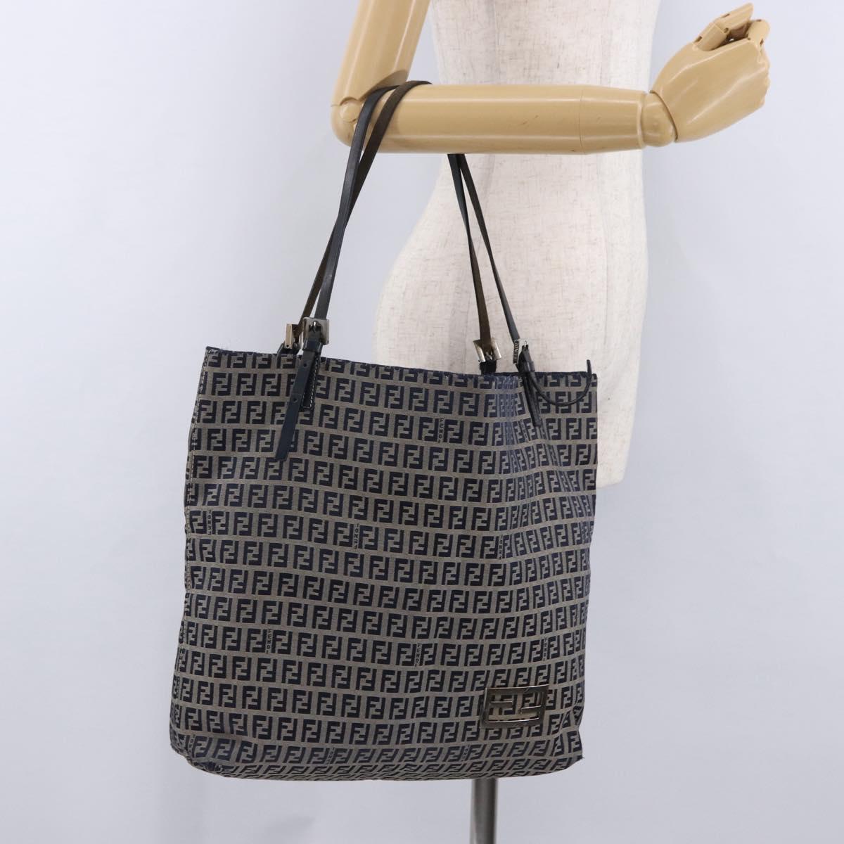 FENDI Zucchino Tote Bag Navy Silver Auth 187958