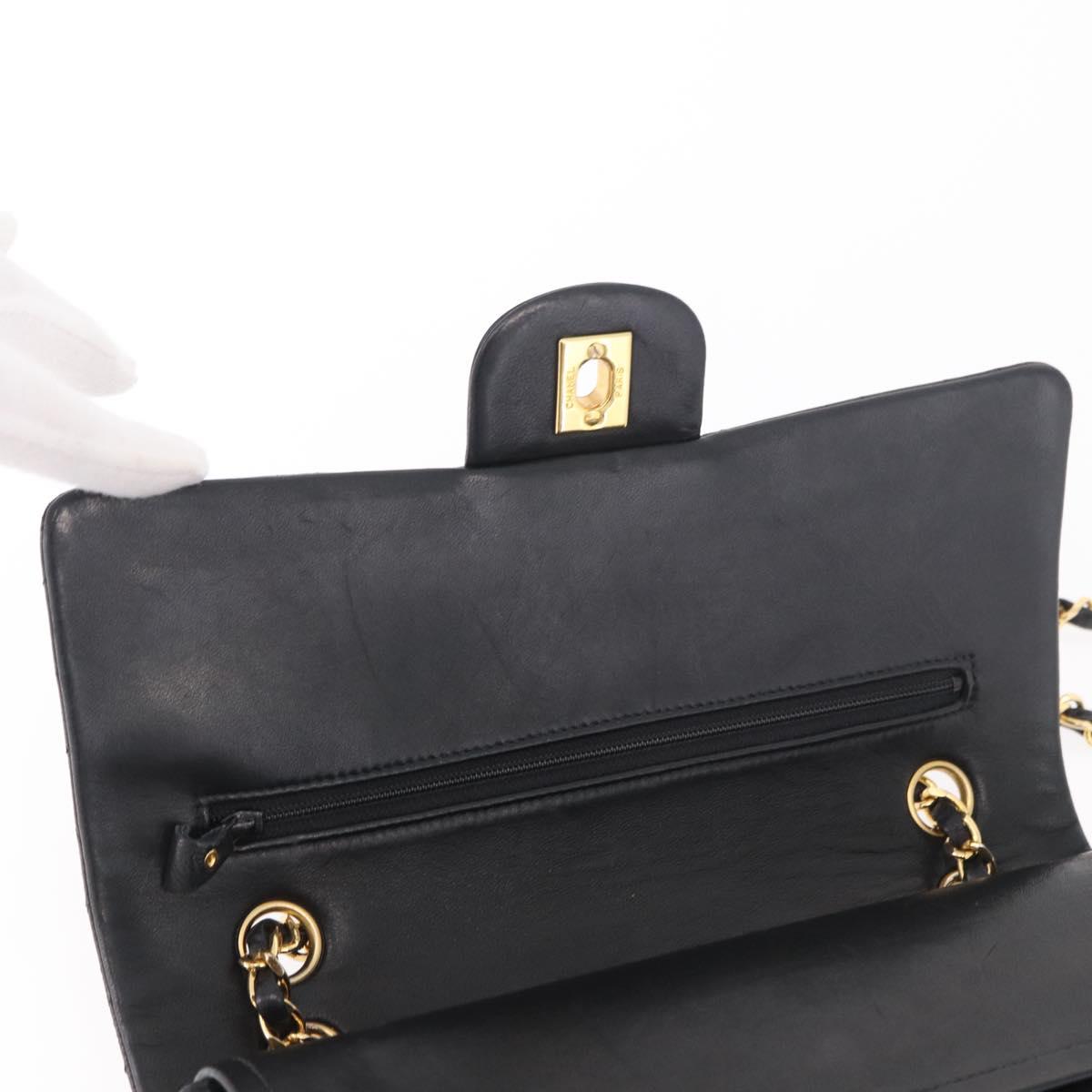 CHANEL Matelasse 25 Chain Shoulder Bag Lamb Skin Black Gold CC Auth 187961M