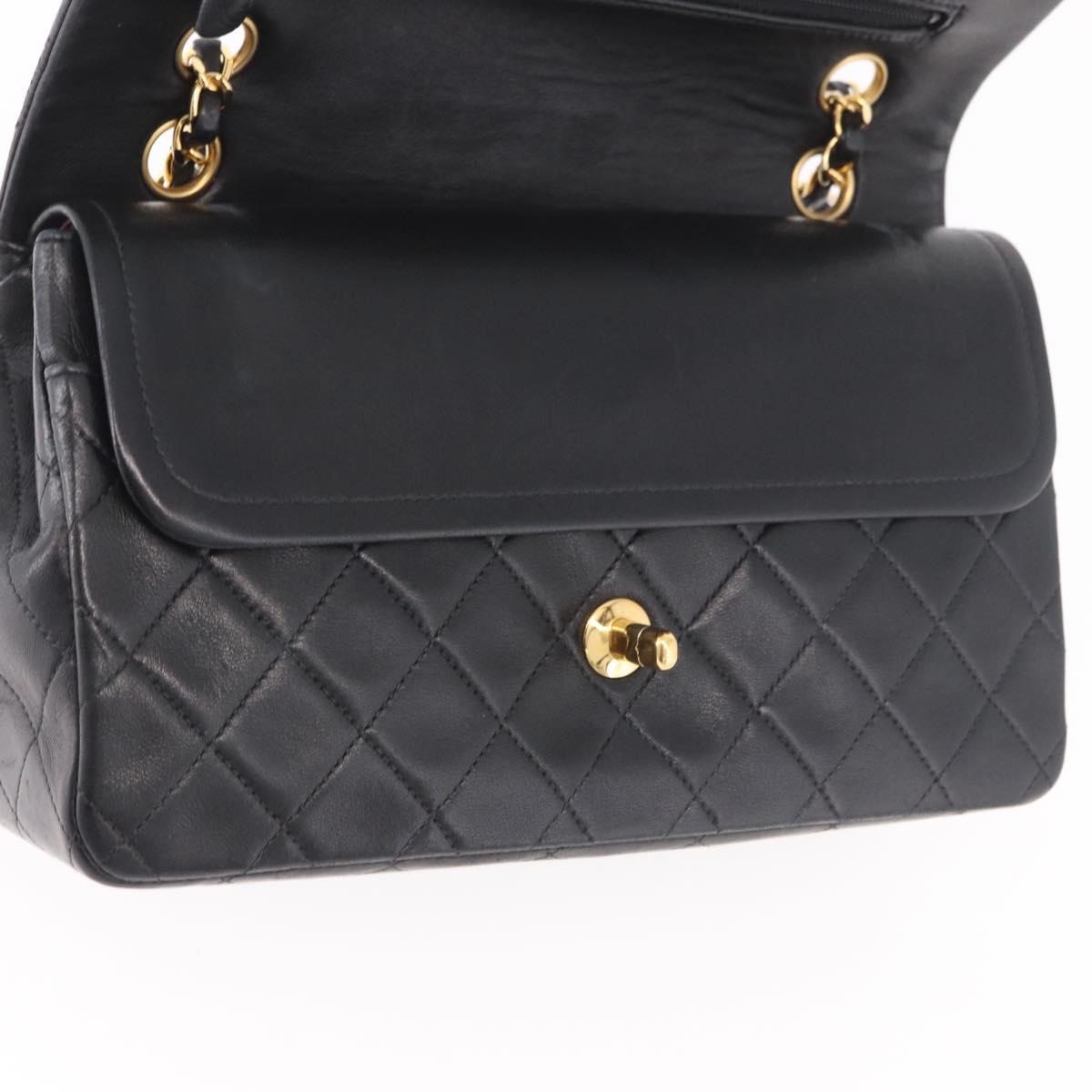 CHANEL Matelasse 25 Chain Shoulder Bag Lamb Skin Black Gold CC Auth 187961M