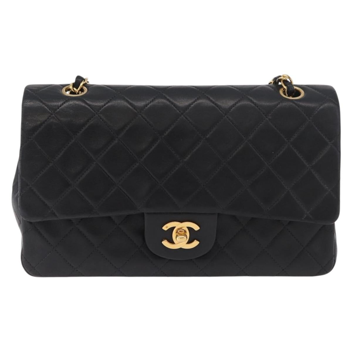 CHANEL Matelasse 25 Chain Shoulder Bag Lamb Skin Black Gold CC Auth 187961M
