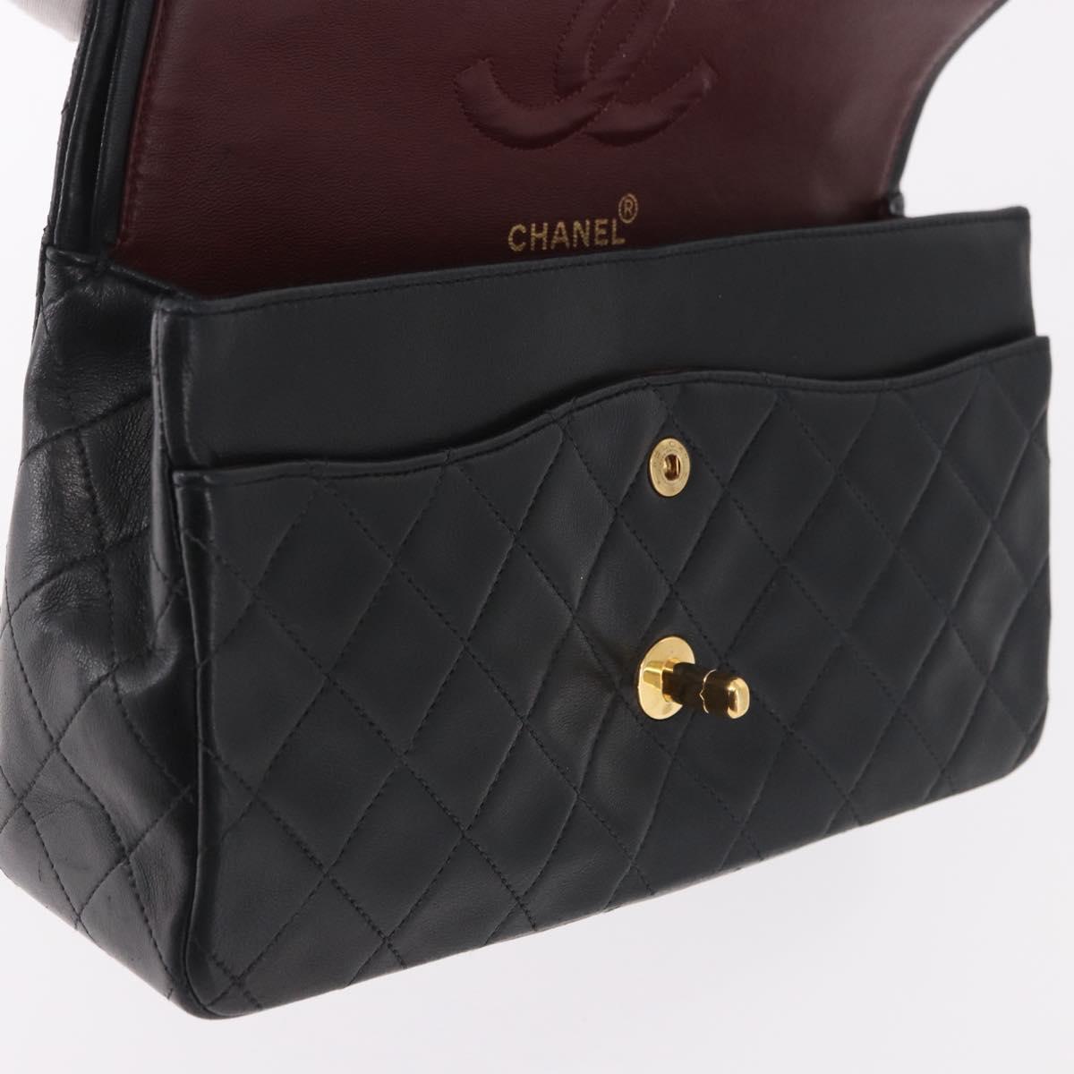 CHANEL Matelasse 25 Chain Shoulder Bag Lamb Skin Black Gold CC Auth 187961M
