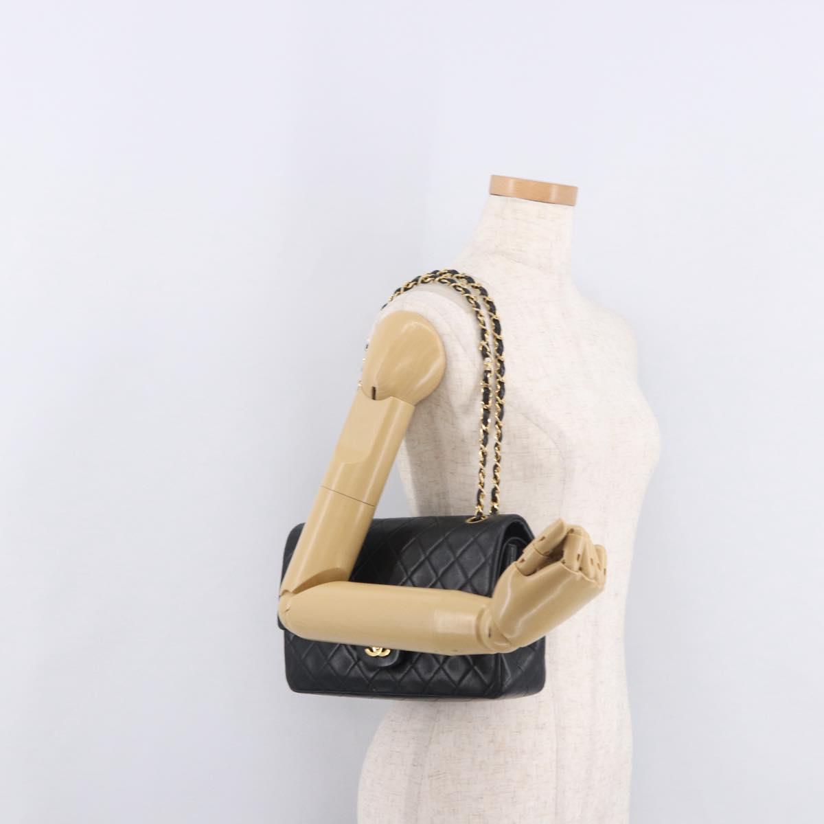 CHANEL Matelasse 25 Chain Shoulder Bag Lamb Skin Black Gold CC Auth 187961M