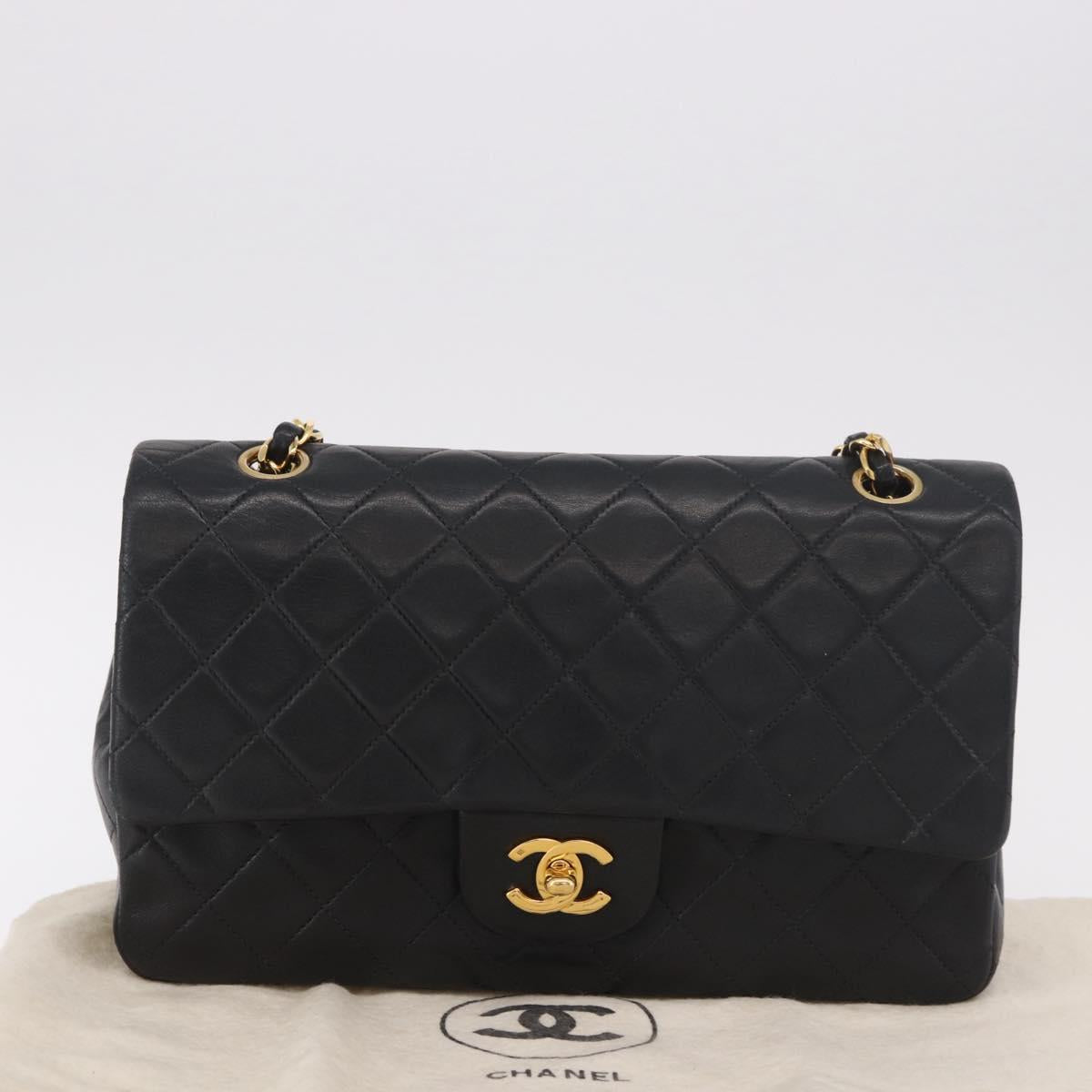 CHANEL Matelasse 25 Chain Shoulder Bag Lamb Skin Black Gold CC Auth 187961M