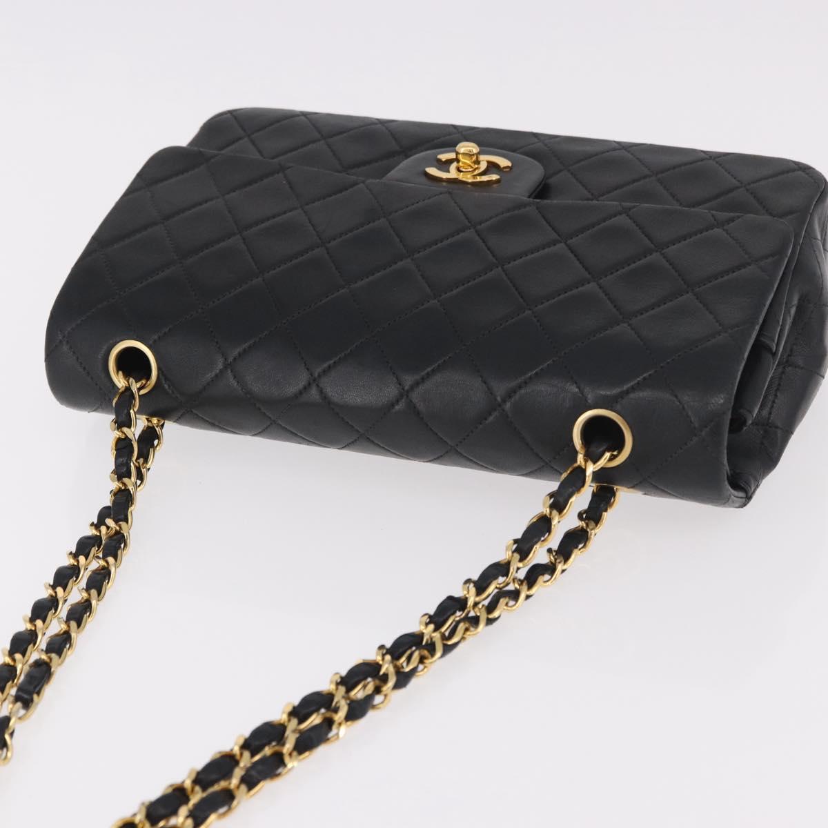 CHANEL Matelasse 25 Chain Shoulder Bag Lamb Skin Black Gold CC Auth 187961M