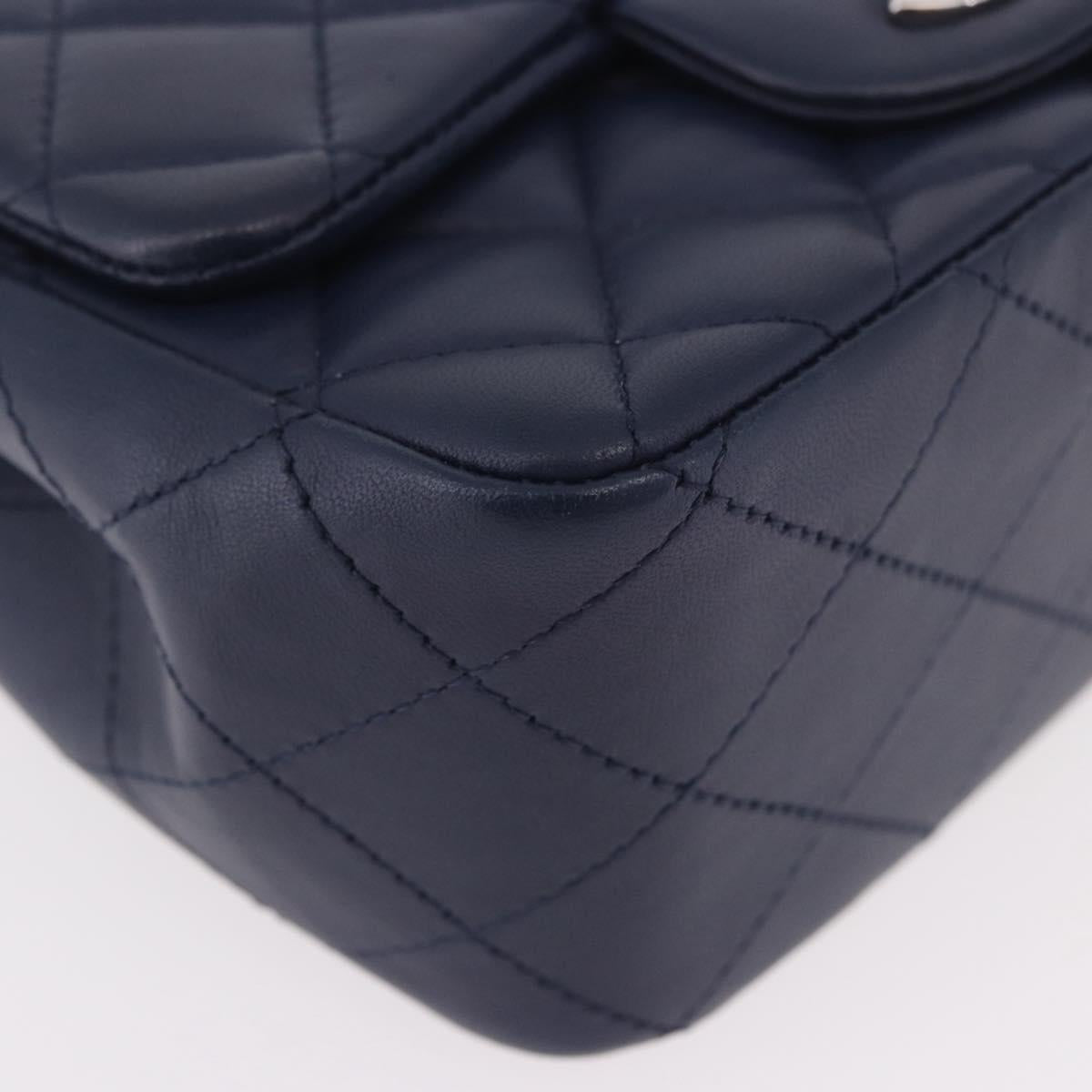 CHANEL Mini Matelasse 17 Chain Bag Lamb Skin Navy Silver CC Auth 187962SAM