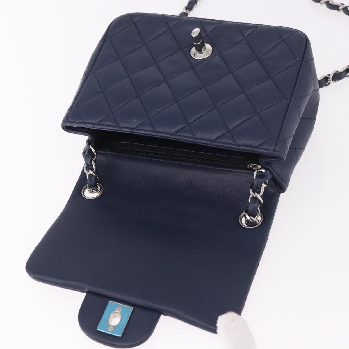 CHANEL Mini Matelasse 17 Chain Bag Lamb Skin Navy Silver CC Auth 187962SAM