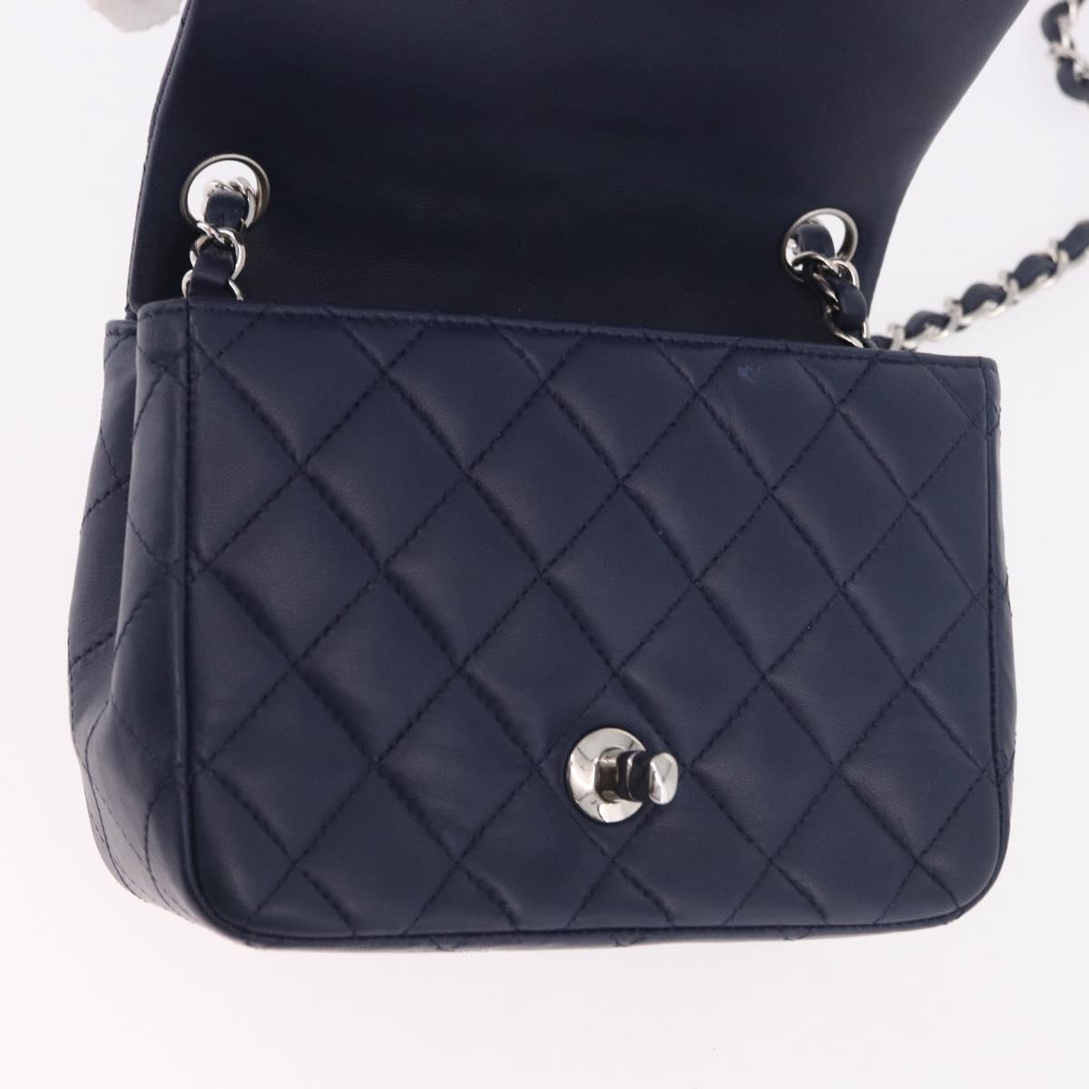 CHANEL Mini Matelasse 17 Chain Bag Lamb Skin Navy Silver CC Auth 187962SAM