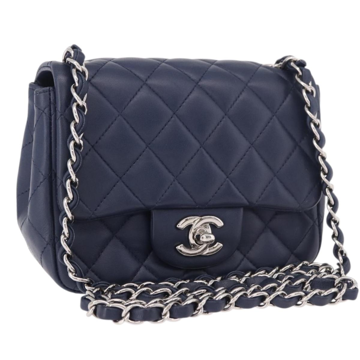 CHANEL Mini Matelasse 17 Chain Bag Lamb Skin Navy Silver CC Auth 187962SAM
