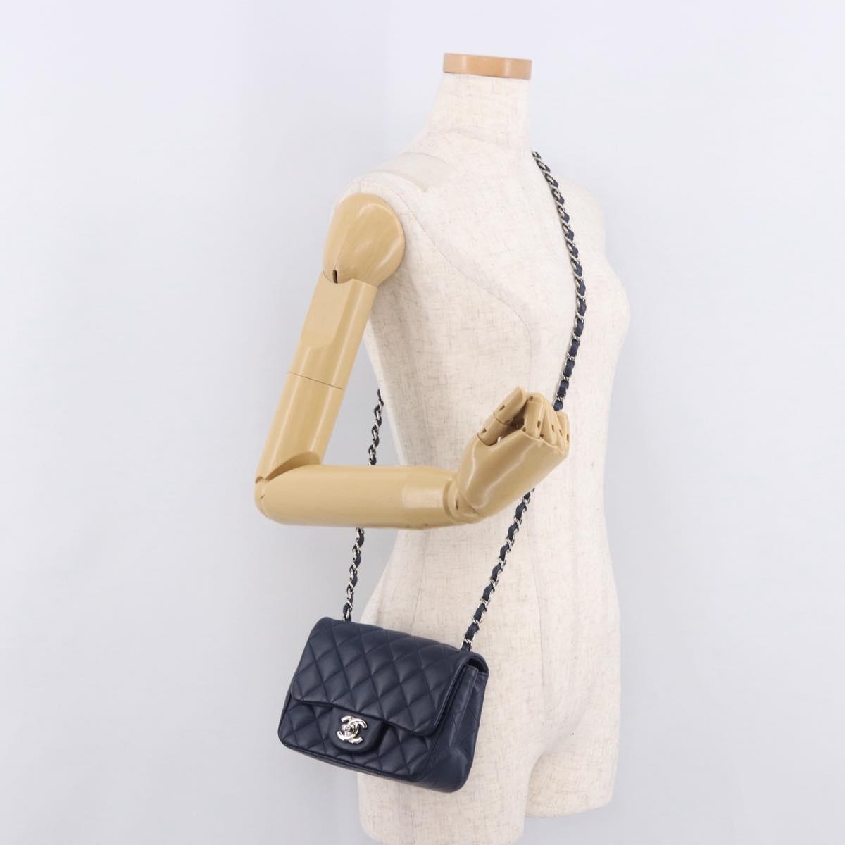 CHANEL Mini Matelasse 17 Chain Bag Lamb Skin Navy Silver CC Auth 187962SAM