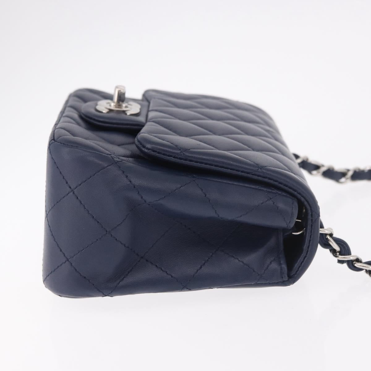 CHANEL Mini Matelasse 17 Chain Bag Lamb Skin Navy Silver CC Auth 187962SAM