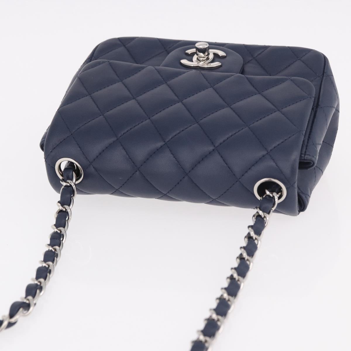 CHANEL Mini Matelasse 17 Chain Bag Lamb Skin Navy Silver CC Auth 187962SAM