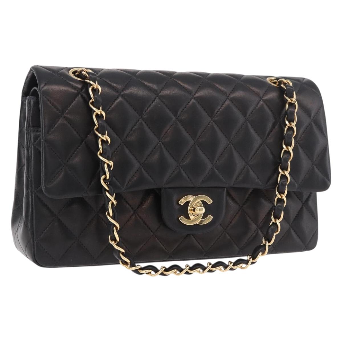 CHANEL Matelasse 25 Chain Shoulder Bag Lamb Skin Black Gold CC Auth 187967SM
