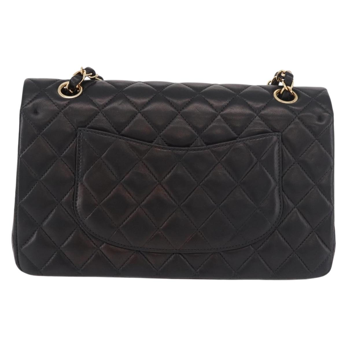 CHANEL Matelasse 25 Chain Shoulder Bag Lamb Skin Black Gold CC Auth 187967SM