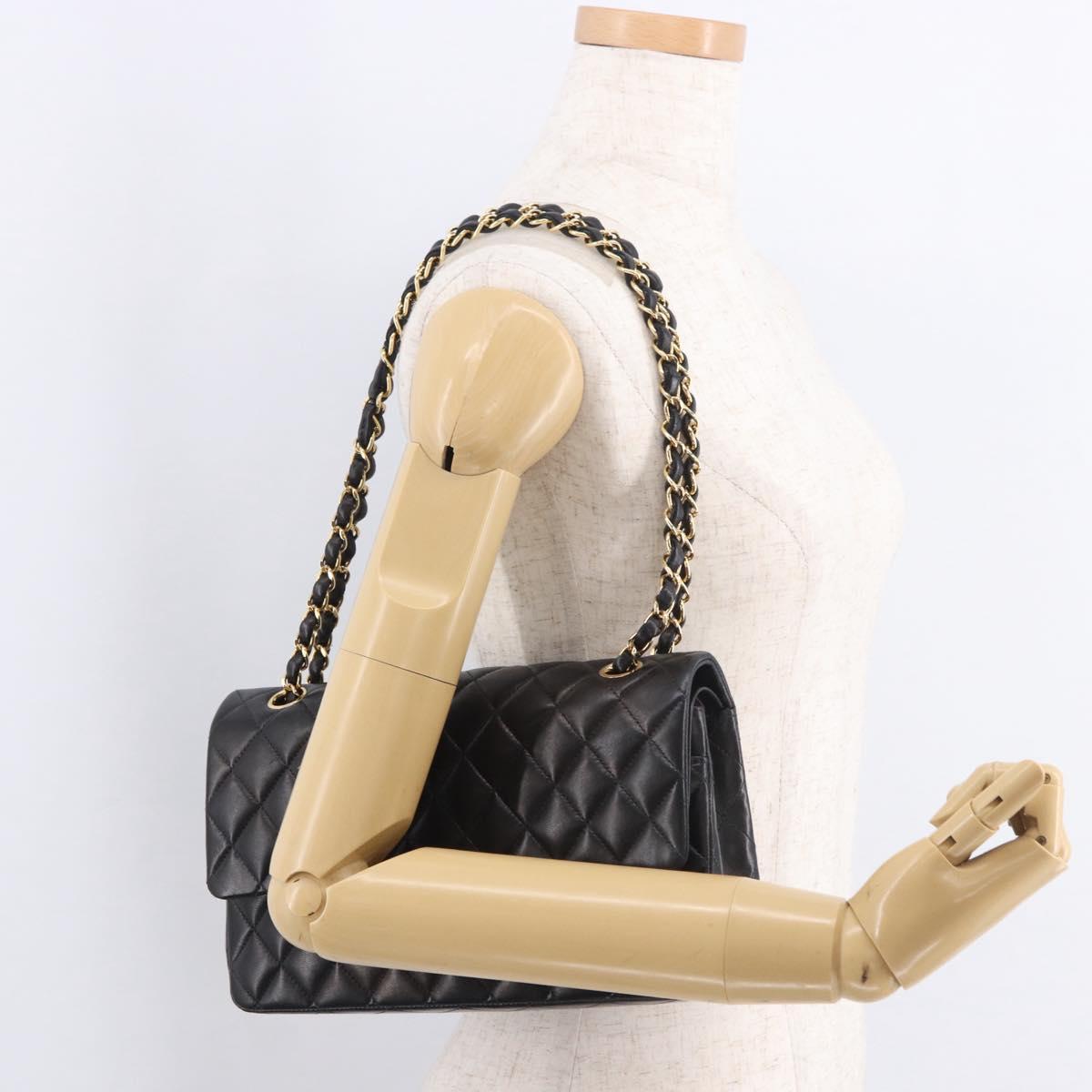 CHANEL Matelasse 25 Chain Shoulder Bag Lamb Skin Black Gold CC Auth 187967SM