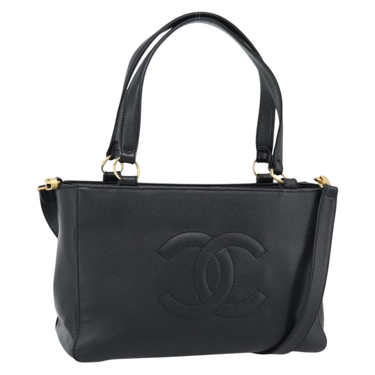 CHANEL Caviar Skin Tote Bag 2way Black Gold CC Auth 187977M