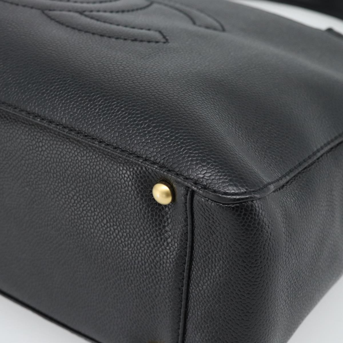 CHANEL Caviar Skin Tote Bag 2way Black Gold CC Auth 187977M