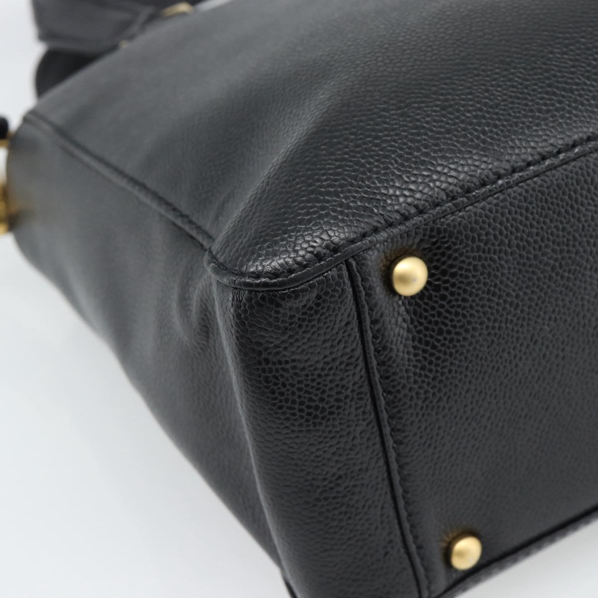 CHANEL Caviar Skin Tote Bag 2way Black Gold CC Auth 187977M