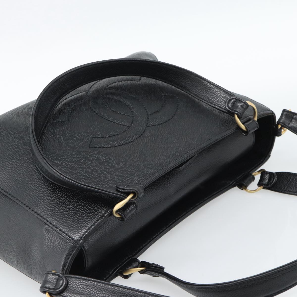 CHANEL Caviar Skin Tote Bag 2way Black Gold CC Auth 187977M