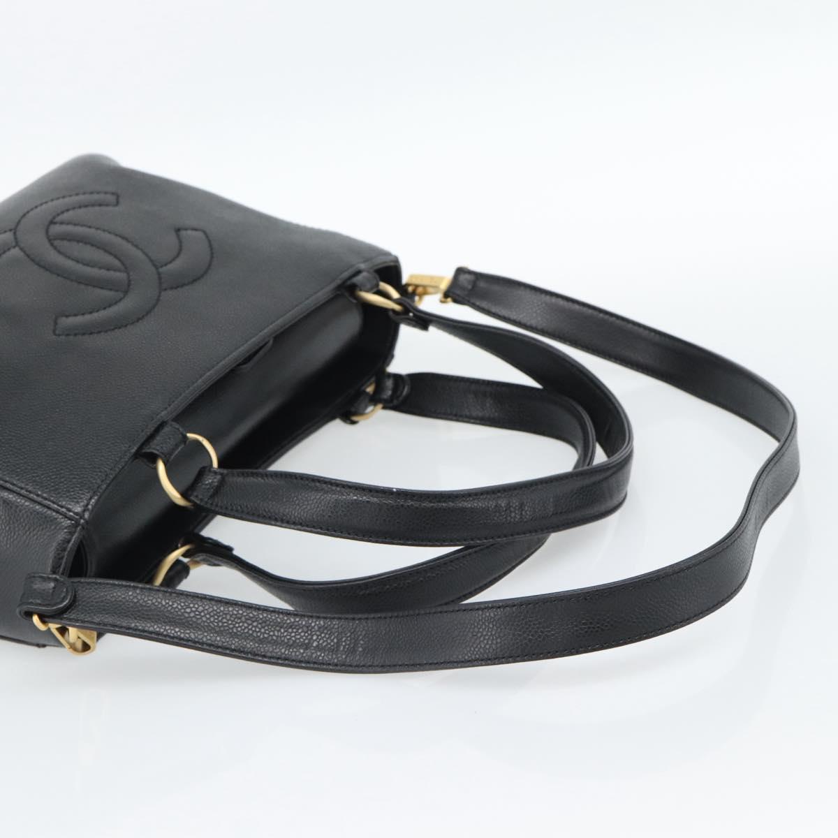 CHANEL Caviar Skin Tote Bag 2way Black Gold CC Auth 187977M