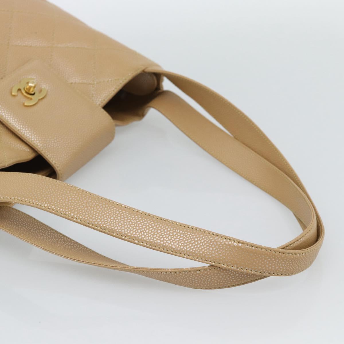 CHANEL Matelasse Caviar Skin Shoulder Bag Beige Gold CC Auth 187987M