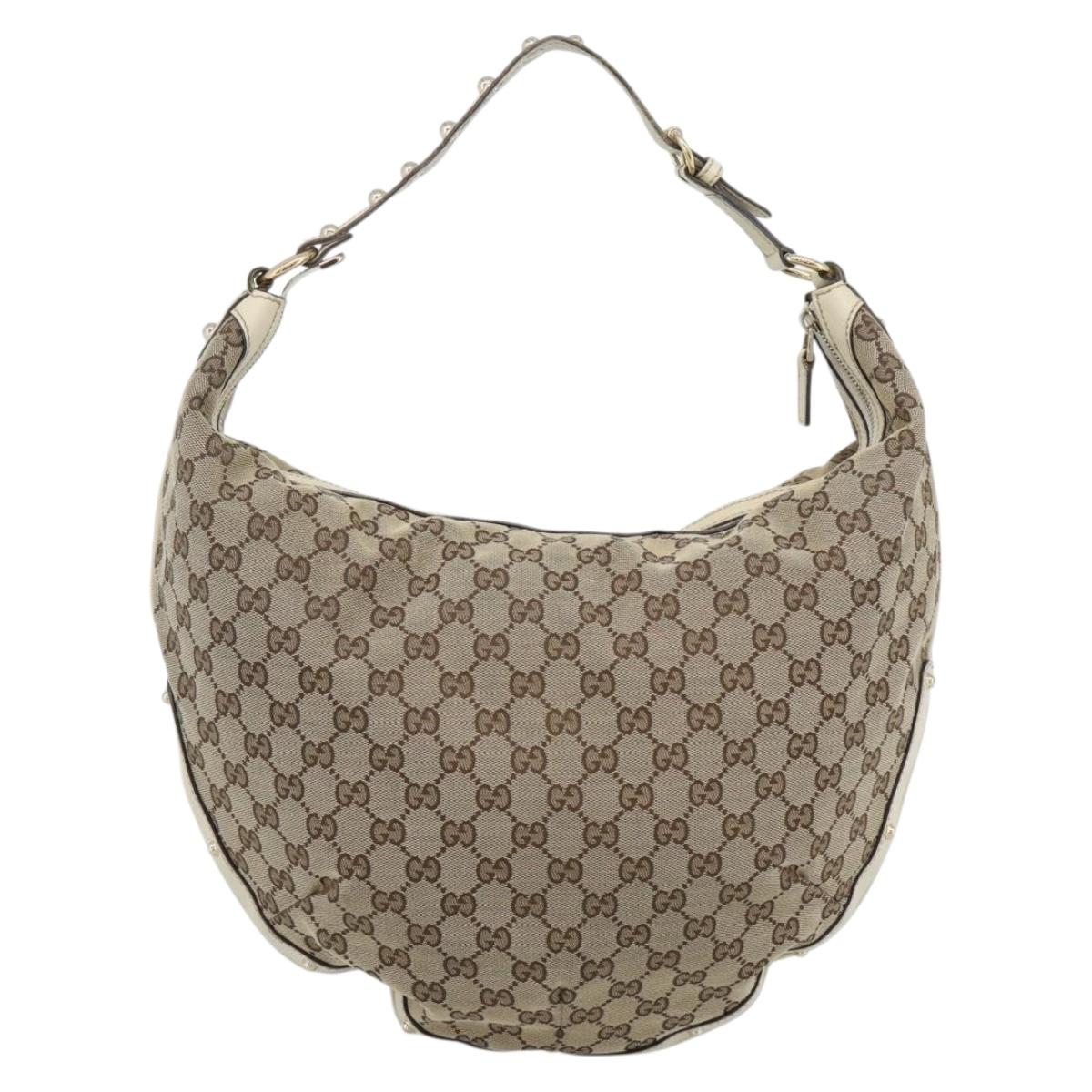 GUCCI GG Canvas Horsebit Shoulder Bag Beige Gold Auth 187999V