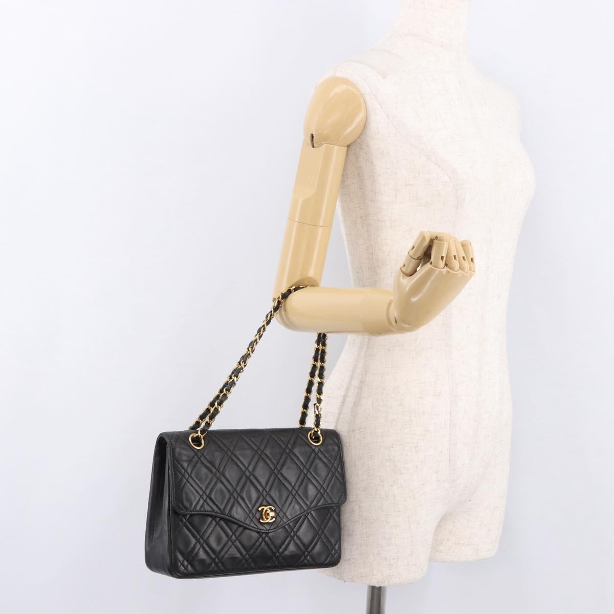 CHANEL Matelasse Chain Shoulder Bag Lamb Skin Black Gold CC Auth 188003A